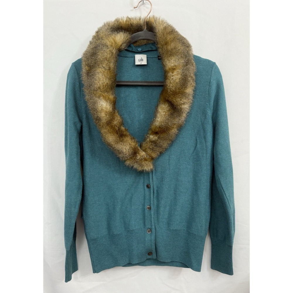 Cabi Teal Tearoom Cardigan Sweater Removable Faux Fur Collar Womens Size M
